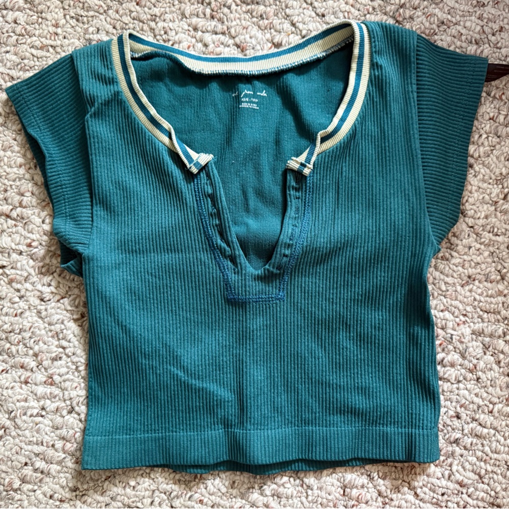 Urban Outfitters Teal Ribbed Top with White Trim
